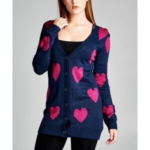 Valentine Hearts Love Sweetheart Cardigan Sweater The Classic Navy Pink Size L